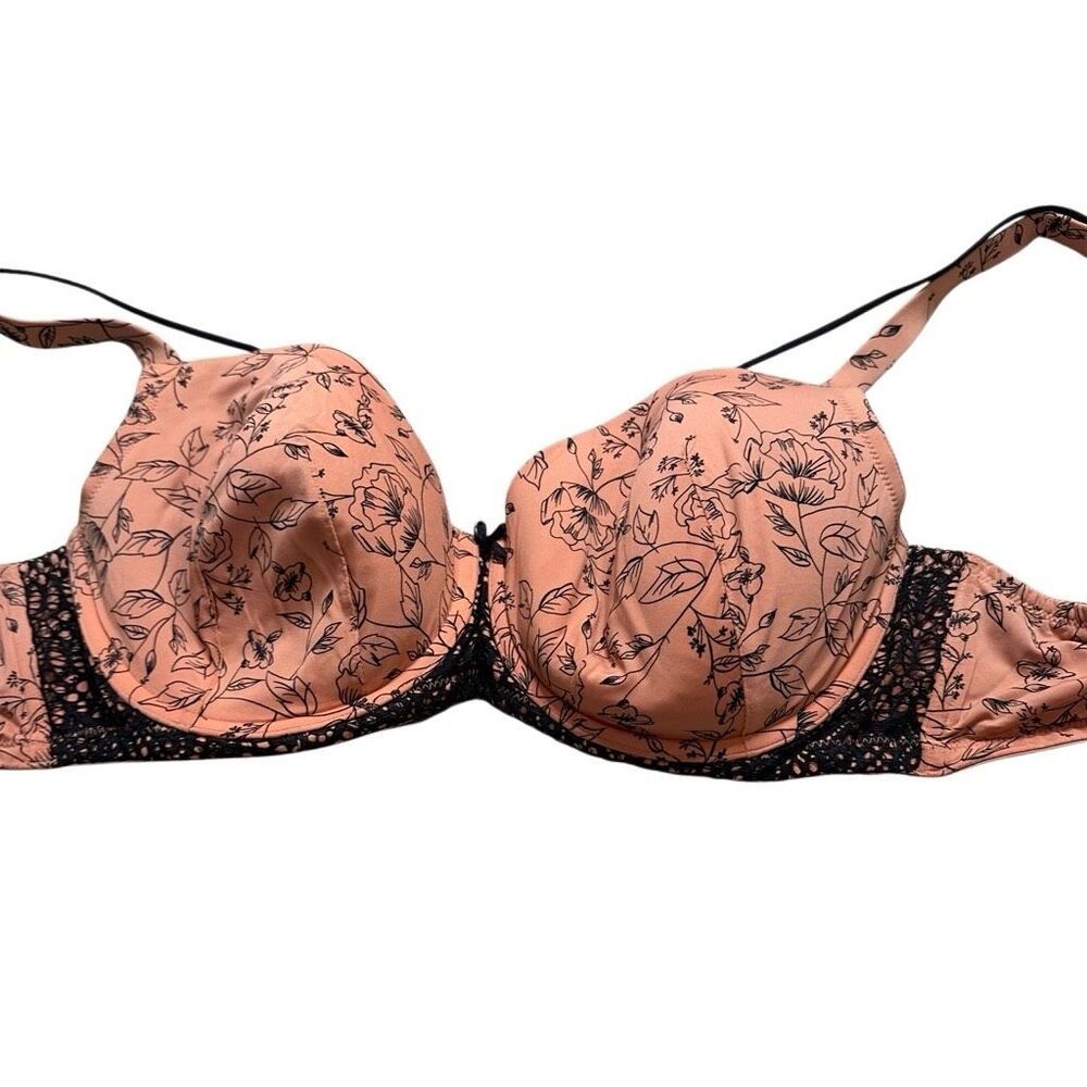 CACIQUE Women’s Peach Black Floral Lace Underwire Bra Size 42D